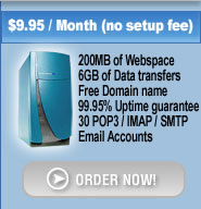 $9.95 / Month (no setup fee) 200MB of Webspace, 6GB of Data transfers